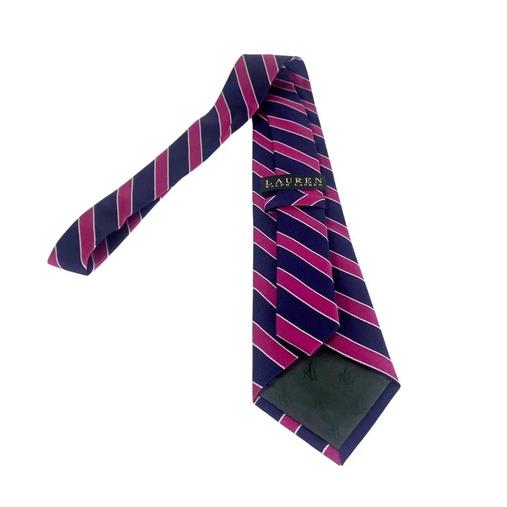Lauren Ralph Lauren Silk‎ Repp Tie Stripe Navy Pink White Hand Made - Picture 5 of 16